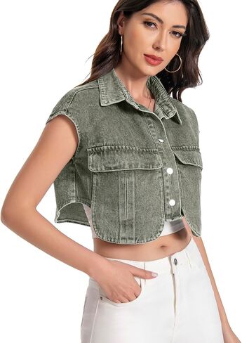 Women Cropped Denim Shirt Summer Jean Stylish Button Down Collared Cute Sleeveless Top with Pockets in Kuwait