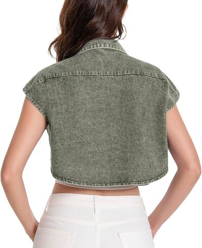 Women Cropped Denim Shirt Summer Jean Stylish Button Down Collared Cute Sleeveless Top with Pockets in Kuwait