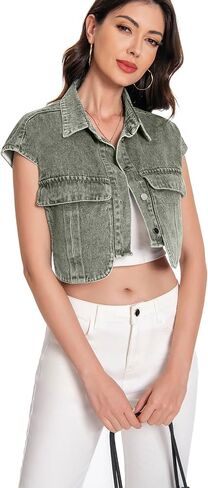 Women Cropped Denim Shirt Summer Jean Stylish Button Down Collared Cute Sleeveless Top with Pockets in Kuwait