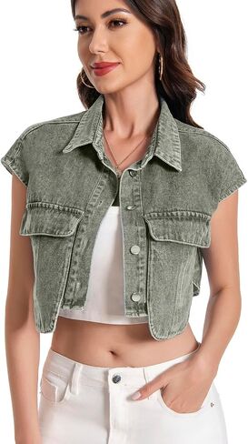 Women Cropped Denim Shirt Summer Jean Stylish Button Down Collared Cute Sleeveless Top with Pockets in Kuwait