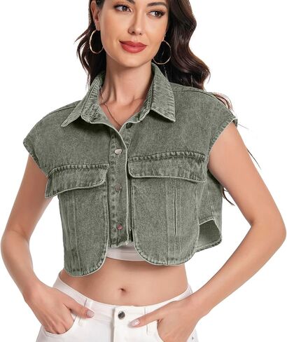 Women Cropped Denim Shirt Summer Jean Stylish Button Down Collared Cute Sleeveless Top with Pockets in Kuwait