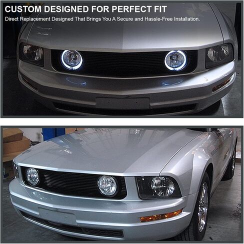 SPEC-D TUNING Black Front Hood Grille with Clear Halo Fog Lights Compatible with 2005-2009 Ford Mustang V6 in Saudi Arabia