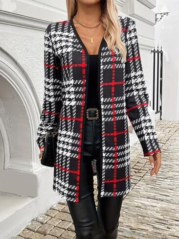 Women's Plaid Open Front Knit Cardigan Sweater Long Sleeve Loose Fit Cardigans in Saudi Arabia