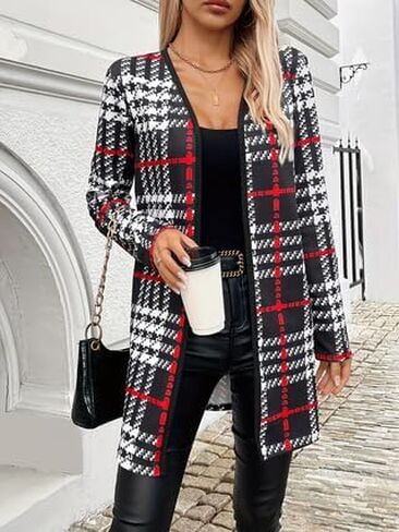Women's Plaid Open Front Knit Cardigan Sweater Long Sleeve Loose Fit Cardigans in Saudi Arabia