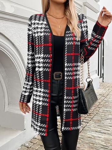 Women's Plaid Open Front Knit Cardigan Sweater Long Sleeve Loose Fit Cardigans in Saudi Arabia
