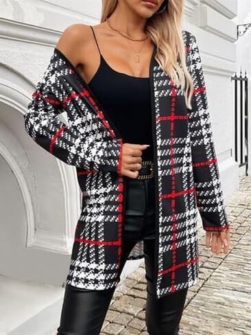 Women's Plaid Open Front Knit Cardigan Sweater Long Sleeve Loose Fit Cardigans in Saudi Arabia
