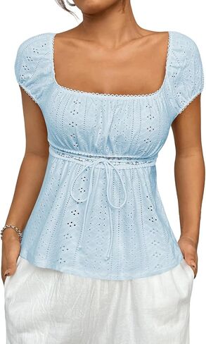 SHENHE Women's Babydoll Top Square Neck Cap Sleeve Empire Waist Cute Lace Eyelet Baby Doll Peplum Top Tshirt in Saudi Arabia