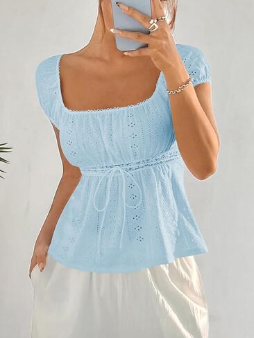 SHENHE Women's Babydoll Top Square Neck Cap Sleeve Empire Waist Cute Lace Eyelet Baby Doll Peplum Top Tshirt in Saudi Arabia