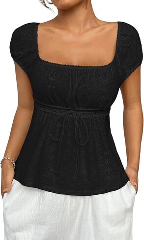 SHENHE Women's Babydoll Top Square Neck Cap Sleeve Empire Waist Cute Lace Eyelet Baby Doll Peplum Top Tshirt in Saudi Arabia