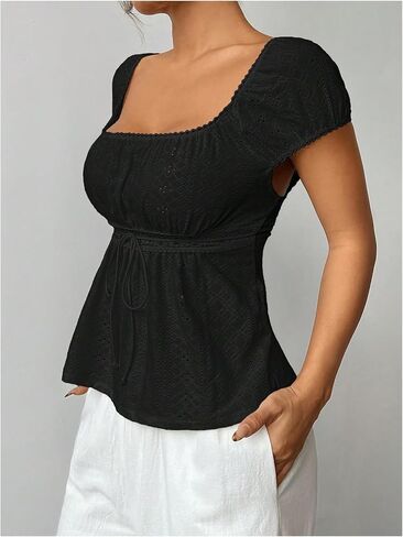 SHENHE Women's Babydoll Top Square Neck Cap Sleeve Empire Waist Cute Lace Eyelet Baby Doll Peplum Top Tshirt in Saudi Arabia