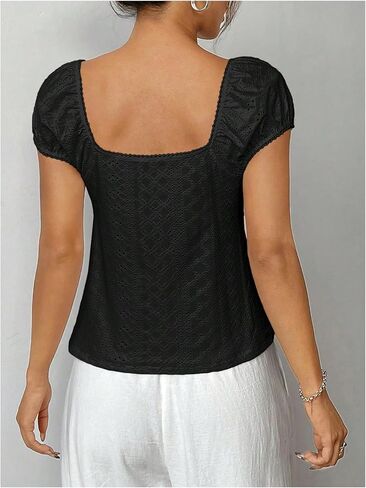 SHENHE Women's Babydoll Top Square Neck Cap Sleeve Empire Waist Cute Lace Eyelet Baby Doll Peplum Top Tshirt in Saudi Arabia