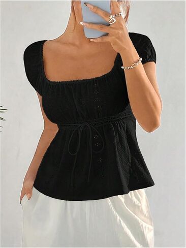 SHENHE Women's Babydoll Top Square Neck Cap Sleeve Empire Waist Cute Lace Eyelet Baby Doll Peplum Top Tshirt in Saudi Arabia