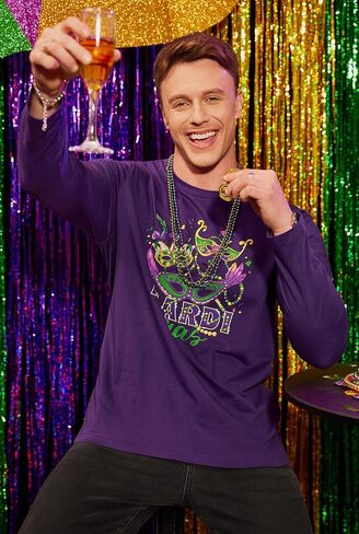 تي شيرت Arvilhill رجالي Mardi Gras بأكمام طويلة ورقبة مستديرة وطباعة كرنفال كلاسيكي (S-3XL) in Kuwait