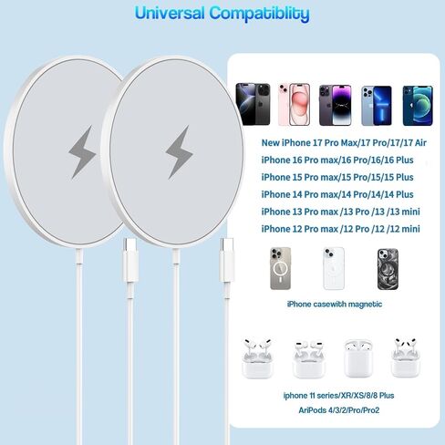 Magnetic Wireless Charger for iPhone 16 15,2Pack 6FT 15W Apple Fast Mag-Safe Charger,With 20W USB C Fast Charging Block Adapter for iPhone 16/16 Pro/Pro Max/15/14/13/Plus/Pro/Pro Max,AirPods 3/2/Pro 2 in Kuwait