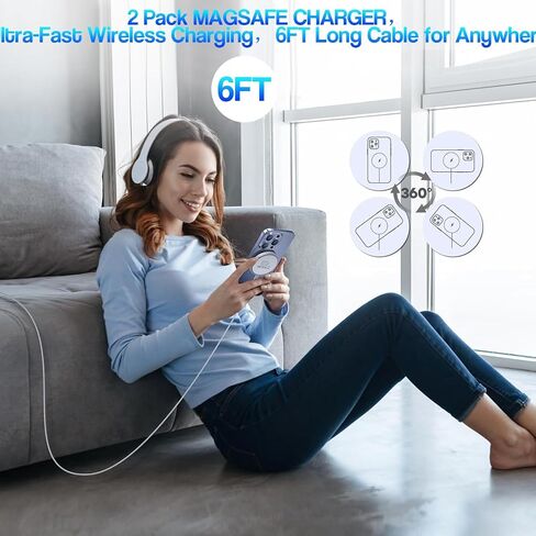 Magnetic Wireless Charger for iPhone 16 15,2Pack 6FT 15W Apple Fast Mag-Safe Charger,With 20W USB C Fast Charging Block Adapter for iPhone 16/16 Pro/Pro Max/15/14/13/Plus/Pro/Pro Max,AirPods 3/2/Pro 2 in Kuwait