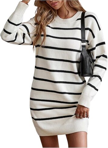 GORGLITTER Women's Striped Sweater Dress Crew Neck Long Sleeve Trendy Casual Knit Mini Dresses Fall Fashion in Saudi Arabia