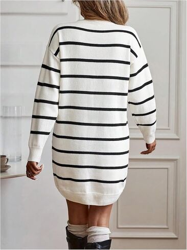 GORGLITTER Women's Striped Sweater Dress Crew Neck Long Sleeve Trendy Casual Knit Mini Dresses Fall Fashion in Saudi Arabia