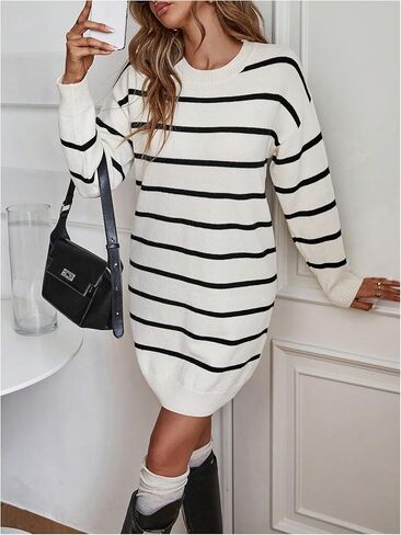 GORGLITTER Women's Striped Sweater Dress Crew Neck Long Sleeve Trendy Casual Knit Mini Dresses Fall Fashion in Saudi Arabia