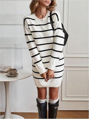 GORGLITTER Women's Striped Sweater Dress Crew Neck Long Sleeve Trendy Casual Knit Mini Dresses Fall Fashion in Saudi Arabia