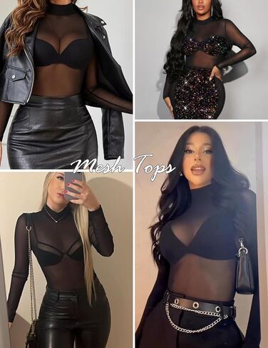 GAMISS Womens Mesh Long Sleeve Top Sheer Shirts Mock Neck See Through Undershirt Top Black Floral M in Kuwait