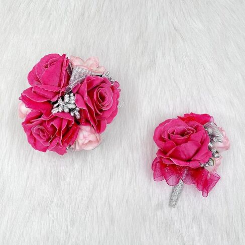 Ansuma Hot Pink Rose Corsage Boutonniere مجموعة زهور تعمل باللمس الحقيقي للرجال والنساء، العروس وصيفة الشرف العريس الفوشيه زهور الزفاف الملحقات حفلة موسيقية عشاء الرقص الذكرى السنوية (فوشيا) in Kuwait