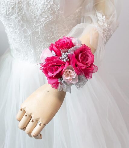 Ansuma Hot Pink Rose Corsage Boutonniere مجموعة زهور تعمل باللمس الحقيقي للرجال والنساء، العروس وصيفة الشرف العريس الفوشيه زهور الزفاف الملحقات حفلة موسيقية عشاء الرقص الذكرى السنوية (فوشيا) in Kuwait