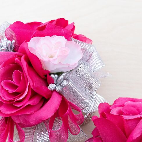 Ansuma Hot Pink Rose Corsage Boutonniere مجموعة زهور تعمل باللمس الحقيقي للرجال والنساء، العروس وصيفة الشرف العريس الفوشيه زهور الزفاف الملحقات حفلة موسيقية عشاء الرقص الذكرى السنوية (فوشيا) in Kuwait