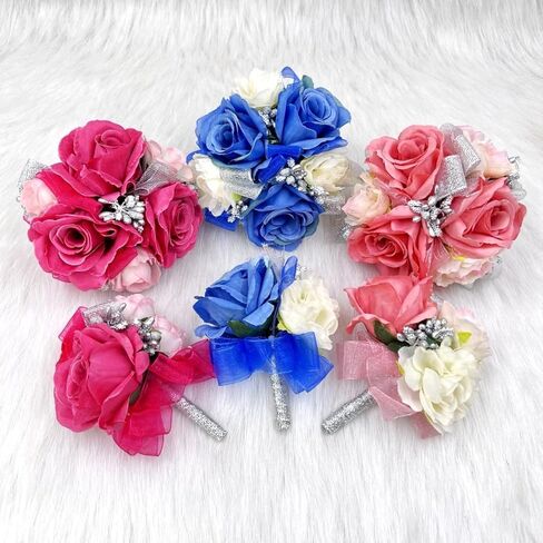 Ansuma Hot Pink Rose Corsage Boutonniere مجموعة زهور تعمل باللمس الحقيقي للرجال والنساء، العروس وصيفة الشرف العريس الفوشيه زهور الزفاف الملحقات حفلة موسيقية عشاء الرقص الذكرى السنوية (فوشيا) in Kuwait
