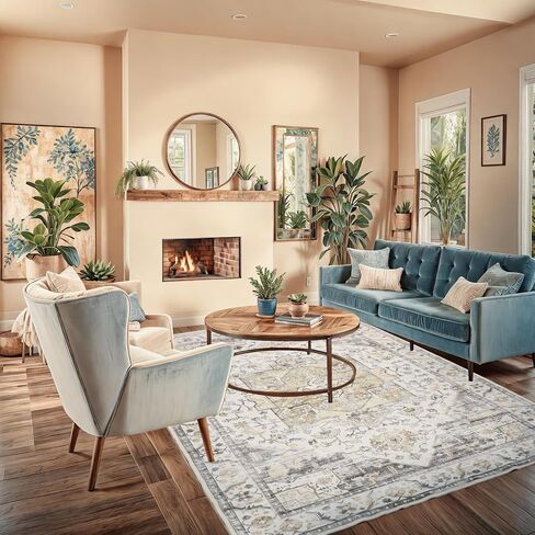 Washable 5x7 Area Rug - Living Room Large Rug Stain Resistant Carpet Vintage Carpet Bedroom Non-Slip Backing Home Decor Floor Decor Mat,Light Blue in Saudi Arabia