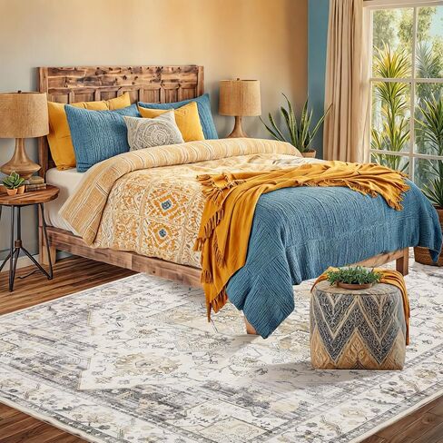 Washable 5x7 Area Rug - Living Room Large Rug Stain Resistant Carpet Vintage Carpet Bedroom Non-Slip Backing Home Decor Floor Decor Mat,Light Blue in Saudi Arabia