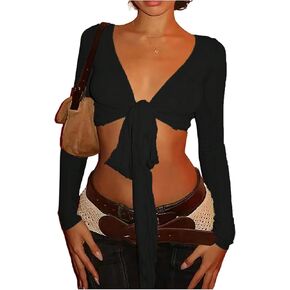 SOLY HUX Women's Long Sleeve Shirts Tie Front Tees V Neck Crop Top Casual Coquette Party Wear in Saudi Arabia