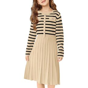 Haloumoning Girls Sweater Dress Knit Long Sleeve Striped A Line Pleated Fall Winter Dresses 5-14 Years in Saudi Arabia