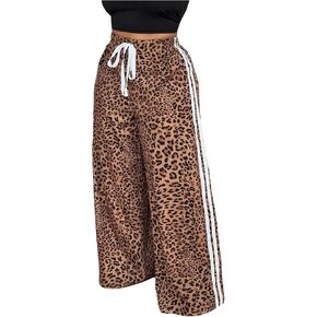 Women's Plus Size Y2K Leopard Striped Pants Drawstring High Waisted Wide Leg Loose Trousers in Kuwait
