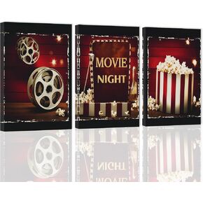 ZXHYWYM Wall Art 3 Piece Movie Sign Canvas Print Black and Red Popcorn Painting Modern Home Theater Room Media Cinema Wall Decor Frame (11"x14"x3) in Saudi Arabia