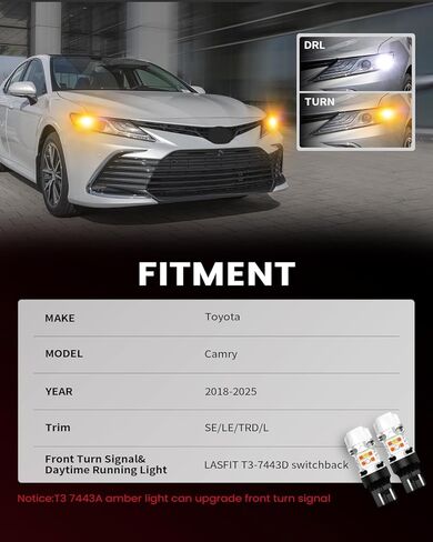 LASFIT T3 7443 7440 LED لمبة كهرمانية لسيارة Toyota Camry SE/LE/TRD/L 2018-2024، 2025 SE/LE 7444 LED مصباح إشارة الانعطاف الأمامي الخلفي 7444NA مقاوم مدمج 100% خالٍ من الأخطاء (قطعتان) in Kuwait
