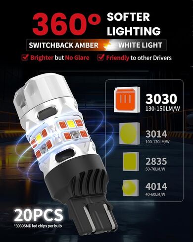 LASFIT T3 7443 7440 LED لمبة كهرمانية لسيارة Toyota Camry SE/LE/TRD/L 2018-2024، 2025 SE/LE 7444 LED مصباح إشارة الانعطاف الأمامي الخلفي 7444NA مقاوم مدمج 100% خالٍ من الأخطاء (قطعتان) in Kuwait