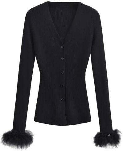 Women's Knit Cardigan V Neck Button Front Sweater Long Sleeve with Removable Feather Cuffs Casual Elegant Jumper in Saudi Arabia
