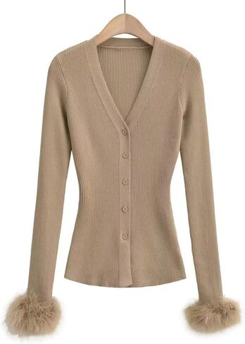 Women's Knit Cardigan V Neck Button Front Sweater Long Sleeve with Removable Feather Cuffs Casual Elegant Jumper in Saudi Arabia