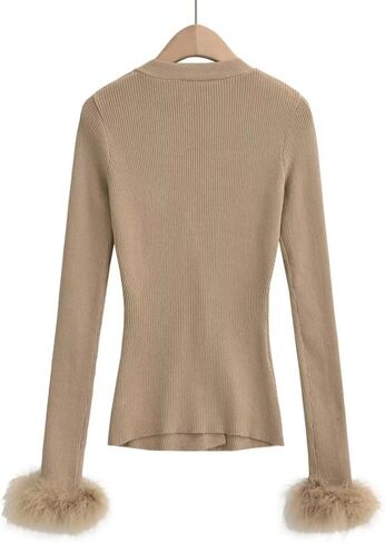 Women's Knit Cardigan V Neck Button Front Sweater Long Sleeve with Removable Feather Cuffs Casual Elegant Jumper in Saudi Arabia
