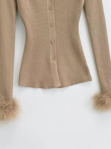 Women's Knit Cardigan V Neck Button Front Sweater Long Sleeve with Removable Feather Cuffs Casual Elegant Jumper in Saudi Arabia