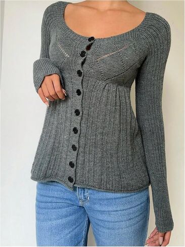 Verdusa Women's Button Up Y2K Cardigan Sweaters Cozy Knitted Peplum Babydoll Tops in Saudi Arabia