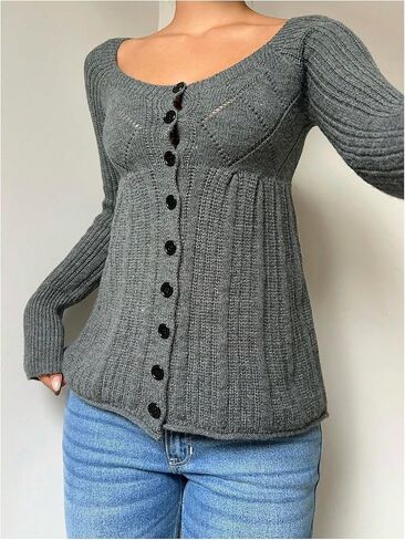 Verdusa Women's Button Up Y2K Cardigan Sweaters Cozy Knitted Peplum Babydoll Tops in Saudi Arabia