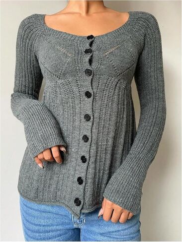 Verdusa Women's Button Up Y2K Cardigan Sweaters Cozy Knitted Peplum Babydoll Tops in Saudi Arabia