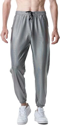 Mens Shiny Silver Metallic Jogger Sweatpants Hip Hop Trousers Night Club Party Festival Prom Streetwear in Kuwait