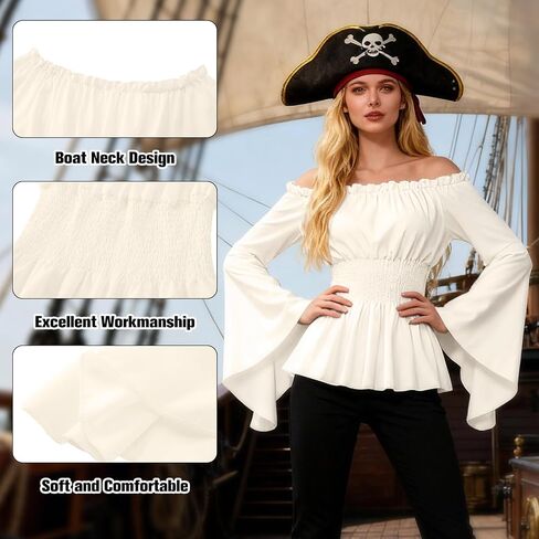 3 قطع من قميص عصر النهضة للسيدات بأكمام طويلة على الطراز الفيكتوري مكشكش، مشد القرصان، باندانا حمراء للهالوين in Kuwait