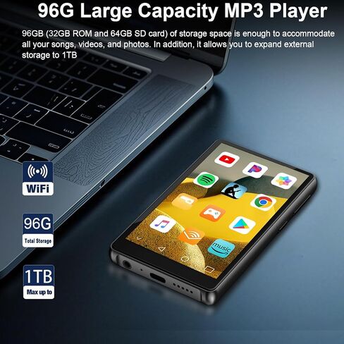 مشغل MP3 80 جيجابايت مع Bluetooth و WiFi ، مشغل موسيقى الشاشة 4 بوصات مع Spotify ، متجر Play ، Pandora ، Audible ، Amazon Music ، Android MP3 Player تصل إلى 1 تيرابايت (أسود) in Kuwait