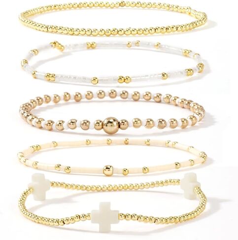 Gold Beaded Bracelets Stack for Women - Stackable 14K Gold Plated Bracelets Set, Waterproof Elastic Boho Beads Cross Jewelry Christian Friendship Summer Beach Birthday Party Gift in Saudi Arabia