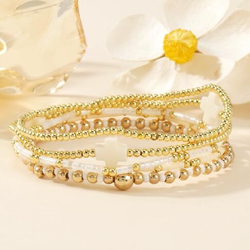 Gold Beaded Bracelets Stack for Women - Stackable 14K Gold Plated Bracelets Set, Waterproof Elastic Boho Beads Cross Jewelry Christian Friendship Summer Beach Birthday Party Gift in Saudi Arabia
