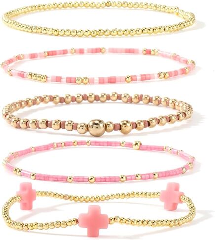 Gold Beaded Bracelets Stack for Women - Stackable 14K Gold Plated Bracelets Set, Waterproof Elastic Boho Beads Cross Jewelry Christian Friendship Summer Beach Birthday Party Gift in Saudi Arabia