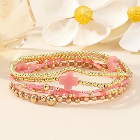 Gold Beaded Bracelets Stack for Women - Stackable 14K Gold Plated Bracelets Set, Waterproof Elastic Boho Beads Cross Jewelry Christian Friendship Summer Beach Birthday Party Gift in Saudi Arabia